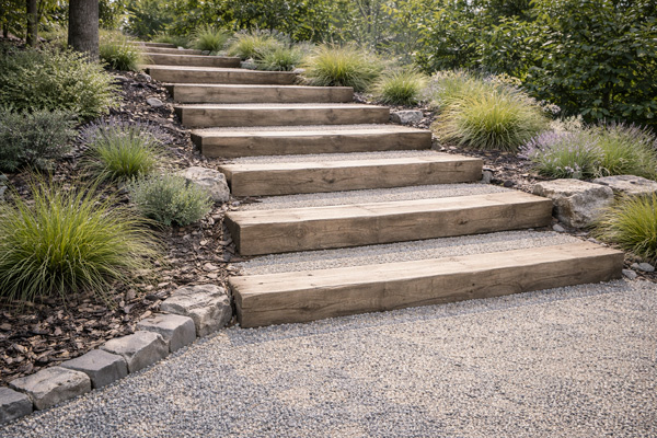Escalier bois jardin accès 